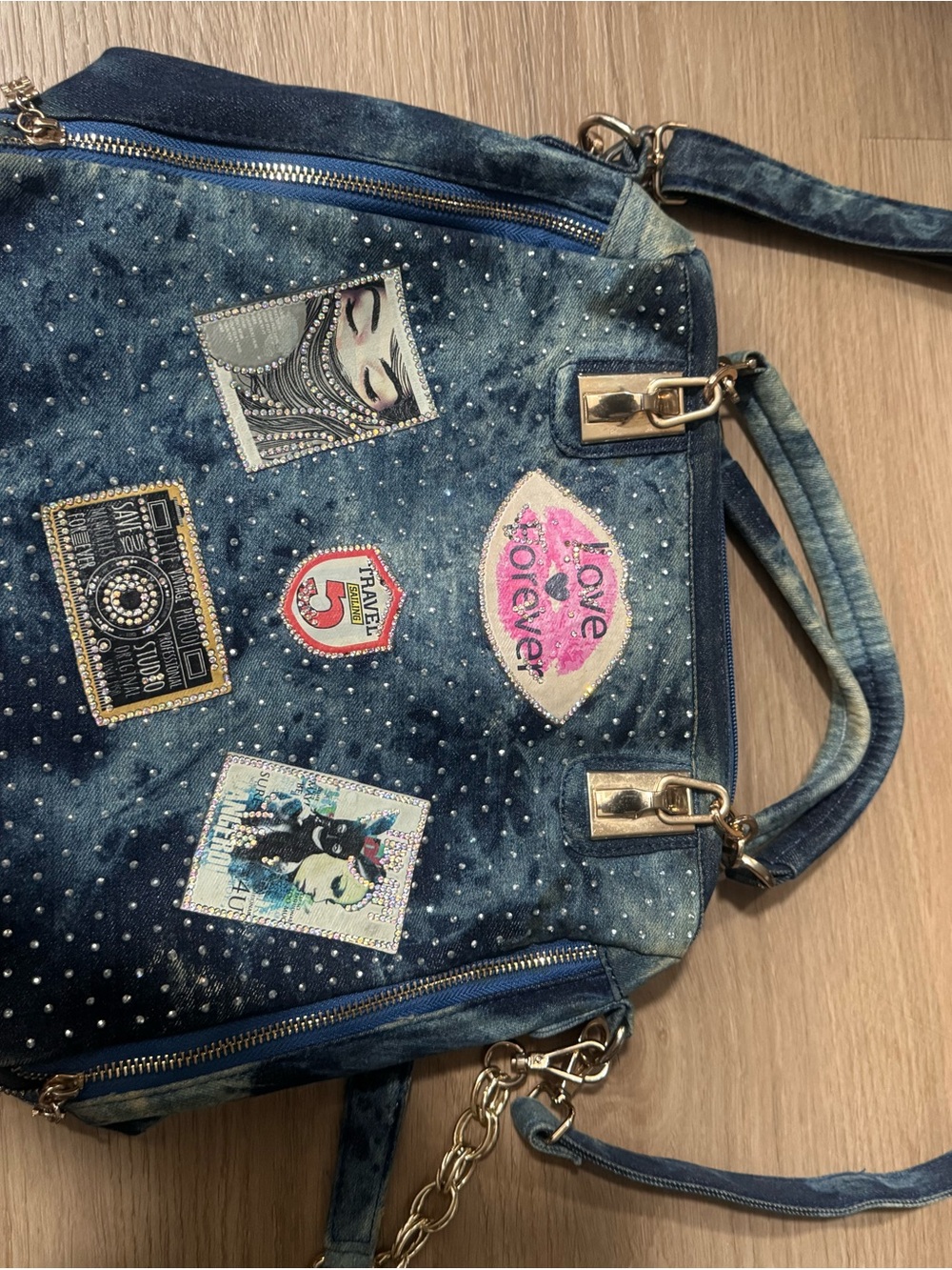 Denim Patchwork Shoulder Bag with Stud Accents - Blue
